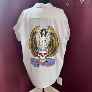 Yelawolf Slumerican Shirt Mens XL Striped Mechanic Shop Button-Up Graphic Pin-up